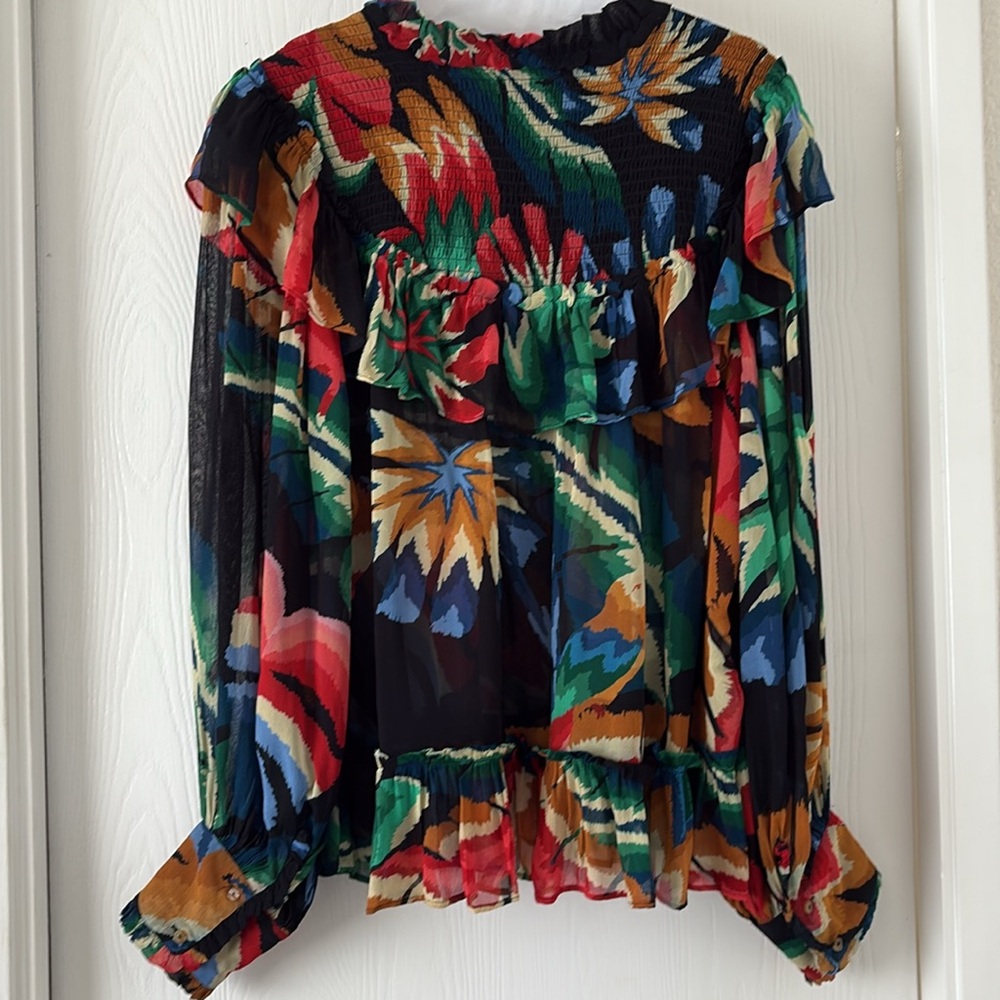 FARM Rio Black Floral Ruffled Long-Sleeve Blouse - Picture 2 of 9